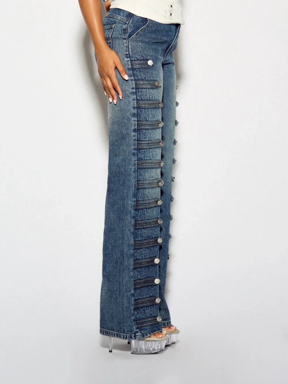 Blue Casual Women's Wide Flared Denim Jeans With Side Button Detail